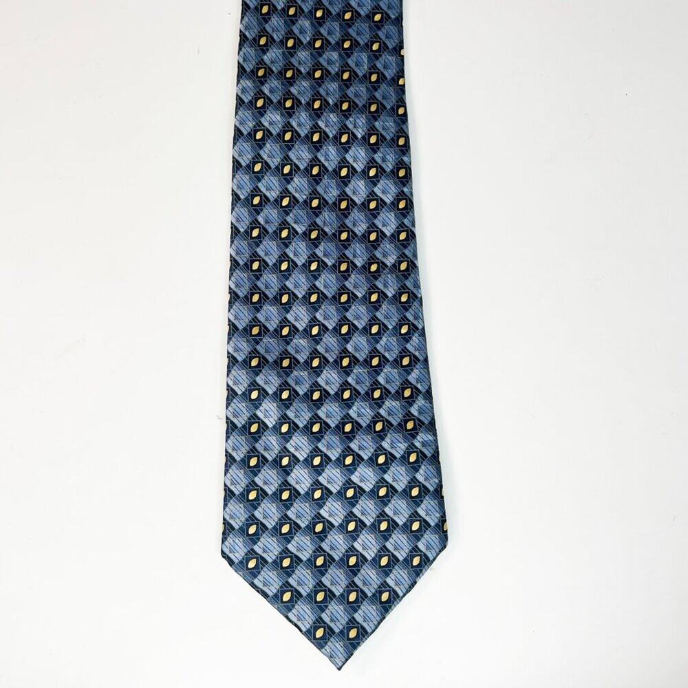 Carlos Devenezia Geometric Print Mens Neck Tie Blue Gold 100% Silk Spain